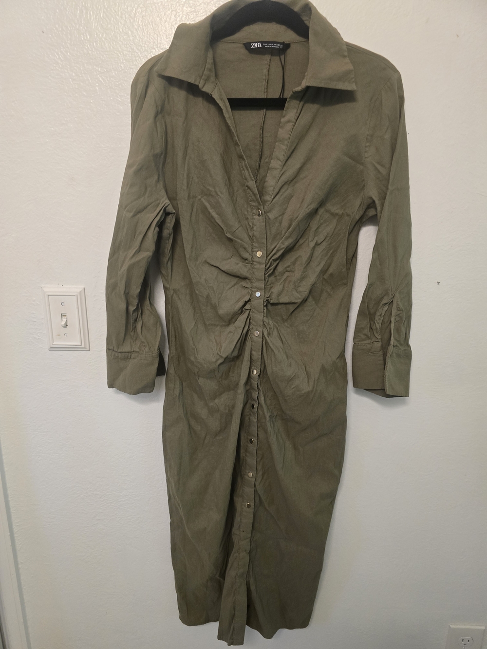 Zara Olive Green Button-Front Ruched Shirt Dress